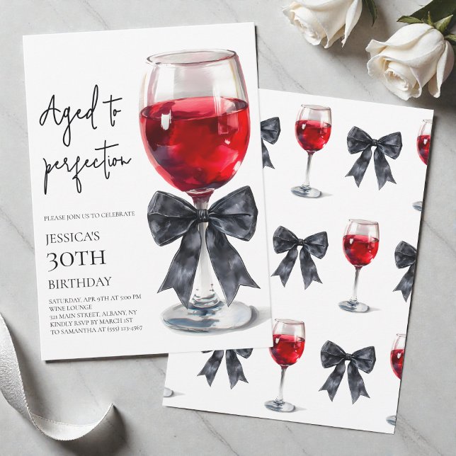 Åldrad till perfektion Vinbåge 30-årsfest Inbjudningar (Aged to Perfection Wine Bow 30th Birthday Party Invitation)
