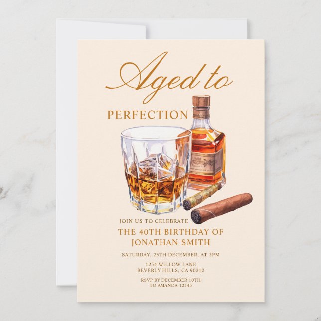 Åldrad till perfektion Whiskey Vuxen Födelsedagsfe Inbjudningar (Framsida)