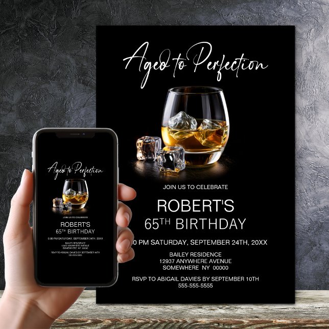 Åldrad till Perfektion Whiskeyglas 65-årsdag Inbjudningar (Skapare uppladdad)