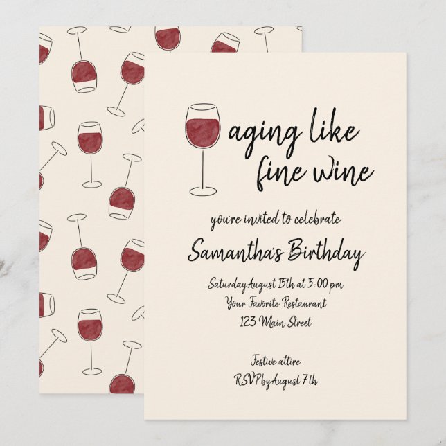 Åldrande som Bra Vin Red Vin Glass Birthday Inbjudningar (Fram/baksida)