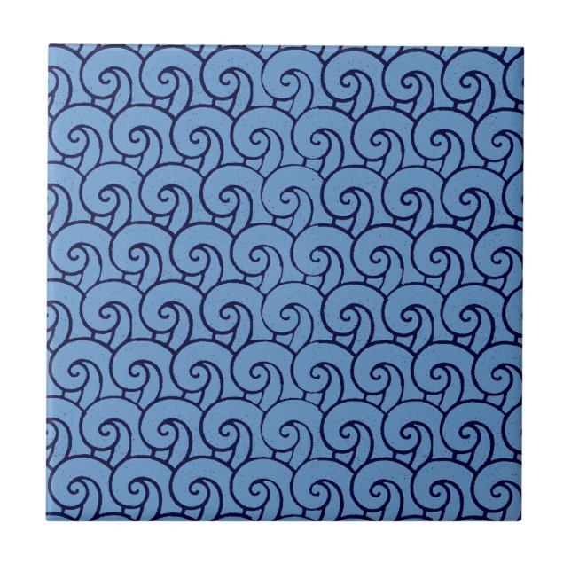 Åldras art deco stil wave mönster (blått) kakelplatta (Framsidan)