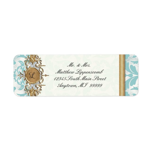 Åldras Distress Damask Golden Bling Bröllop Returadress Etikett (Framsidan)
