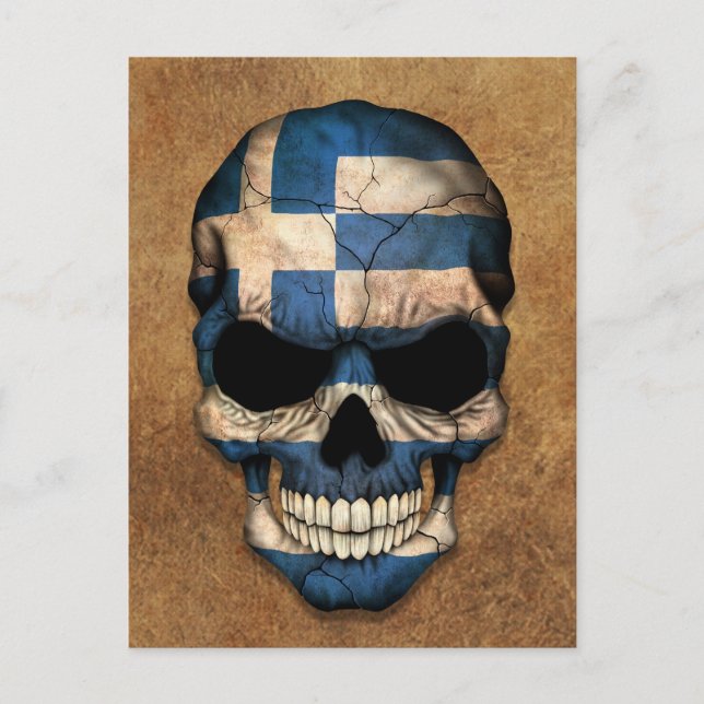 Åldras och begagnad grekisk Flagga Skull Vykort (Framsida)