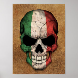 Åldras och begagnad italiensk Flagga Skull Poster