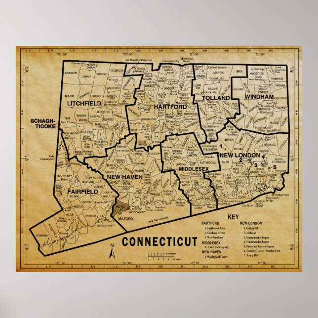 ÅLDRAS PARCHMENT CONNECTICUT KARTA POSTER (Framsidan)