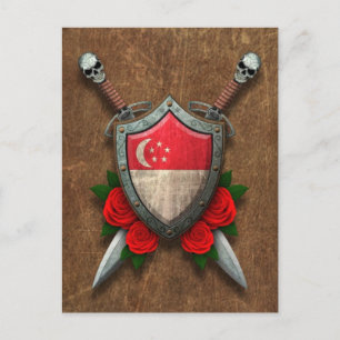 Åldras Singapore Flagga Shield och Svärd med Rosor Vykort
