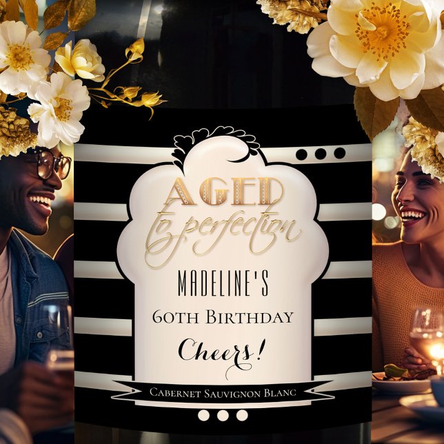 Åldras till märket Perfection Birthday Vin Vinflaska Etikett (An elegant art deco and Gatsby style inspired wine label with a stylized "Aged to perfection" image)