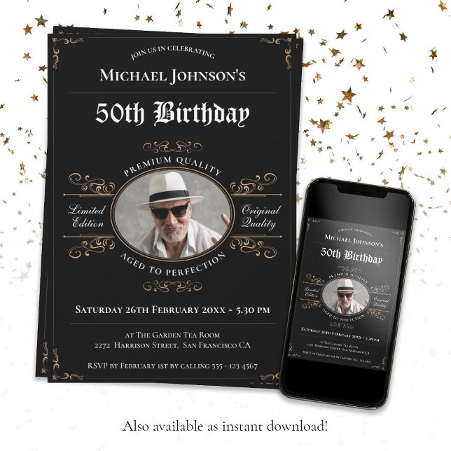 Åldras till Perfection Black Guld Classy 50:e föde Inbjudningar (50th Birthday Aged to Perfection Black Gold Classy Invitation)