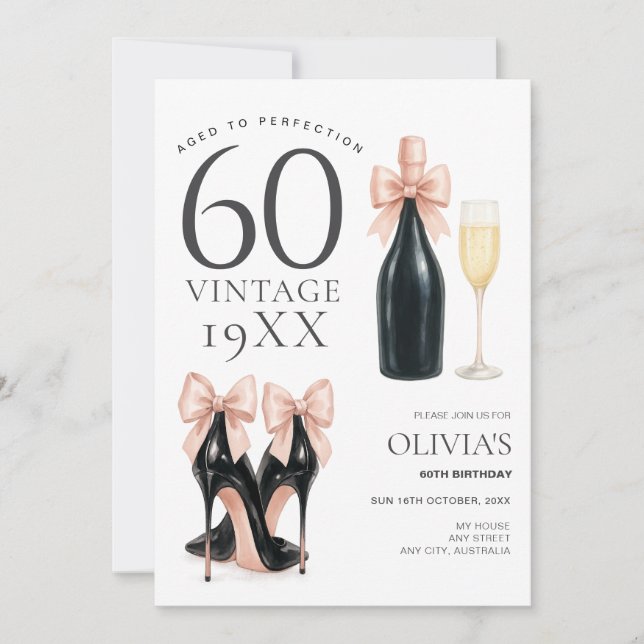 Åldras till Perfection Glam 60:e Champagne Birthda Inbjudningar (Framsida)