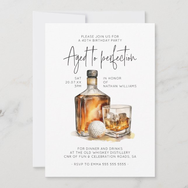 Åldras till Perfection Whiskey & Golf Manar Birthd Inbjudningar (Framsida)