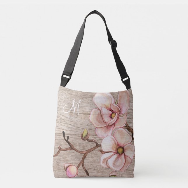 Åldras Wood Monogram med Rosa Magnolias Axelväska (Framsida)