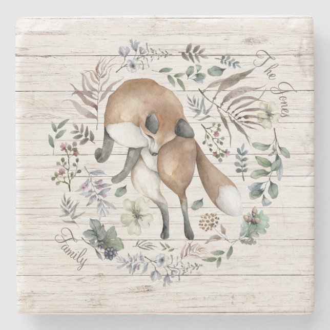 Åldras Wood Monogram Namn Blommigt Fox Stenunderlägg (Framsidan)