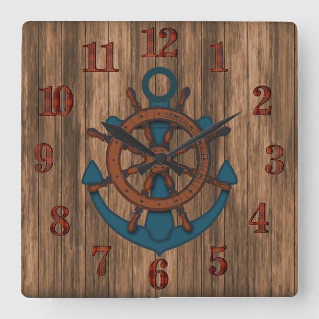 Åldras Wood Nautical Anchor Fyrkantig Klocka (Framsida)