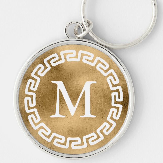 Åldrat Guld Rund Grekisk Nyckel Kant Monogram Silverfärgad Nyckelring (Framsidan)