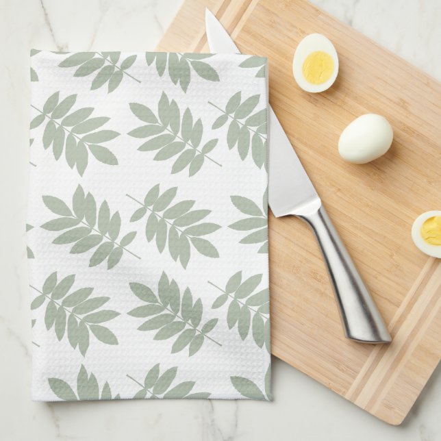 Äldre blad mönster Grön+Vit Kökshandduk (Vikt i Fjärdedel)