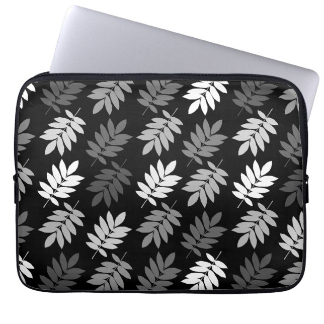 Äldre blad mönster svart vitt grått laptop fodral (Framsidan)