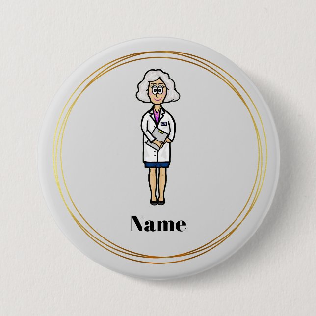 Äldre Female Doktor med Grått Hair Namn Button Knapp (Framsida)
