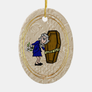 Äldre female Mortician with Coffin Sale Ornament