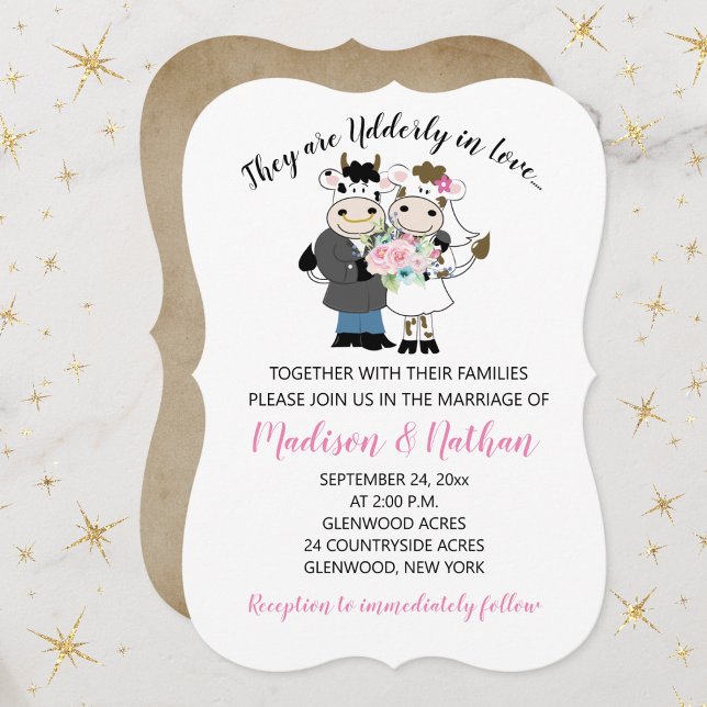 Äldre i Kärlek Cow Couple Bride och Groom Bröllop Inbjudningar (Udderly In Love Cow Bull Cute Couples Wedding Invitation)
