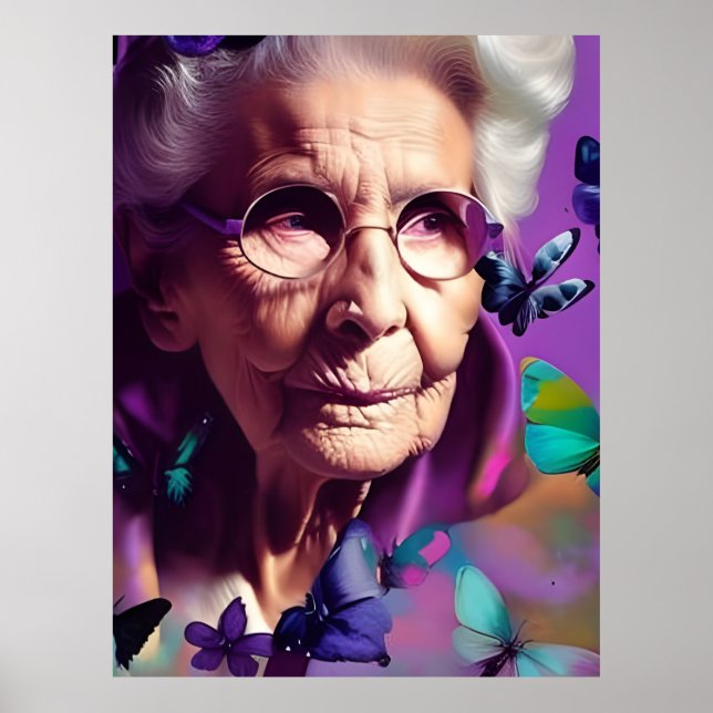 Äldre kvinnor i Lila med fjärilar Poster (Framsidan)