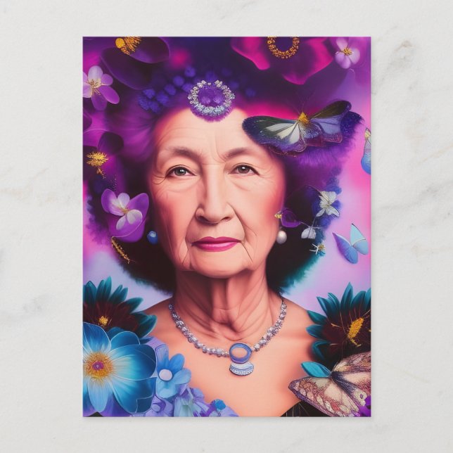 Äldre kvinnor med fjärilar och blommor vykort (Framsida)