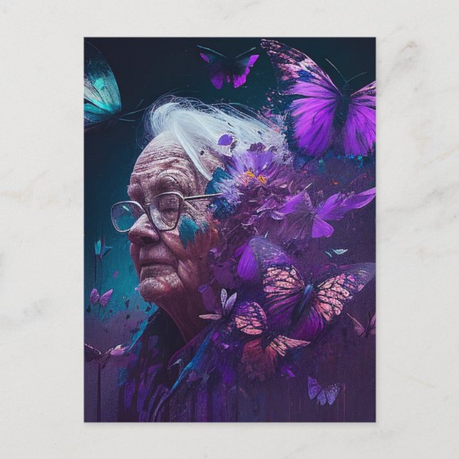 Äldre kvinnor med vykort för Lila Butterflies (Framsida)