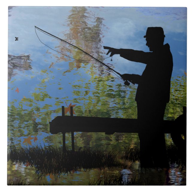 Äldre Man Fishing Pension Ceramic Tile Kakelplatta (Framsidan)