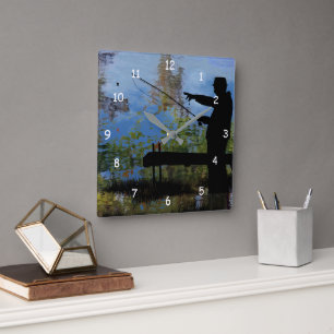 Äldre man Fishing Pension Wall Clock Fyrkantig Klocka