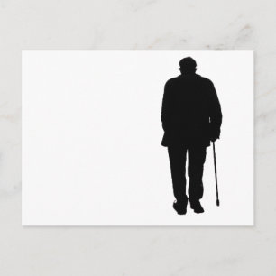 Äldre Man Walking Black Silhouette Teckning Art Vykort