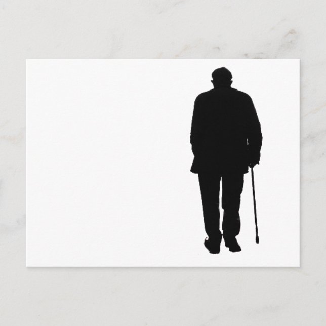 Äldre Man Walking Black Silhouette Teckning Art Vykort (Framsida)