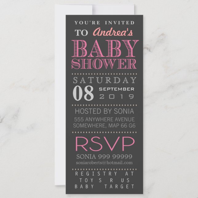 Äldre Rosa Typography Baby Shower Long Inbjudningar (Framsida)