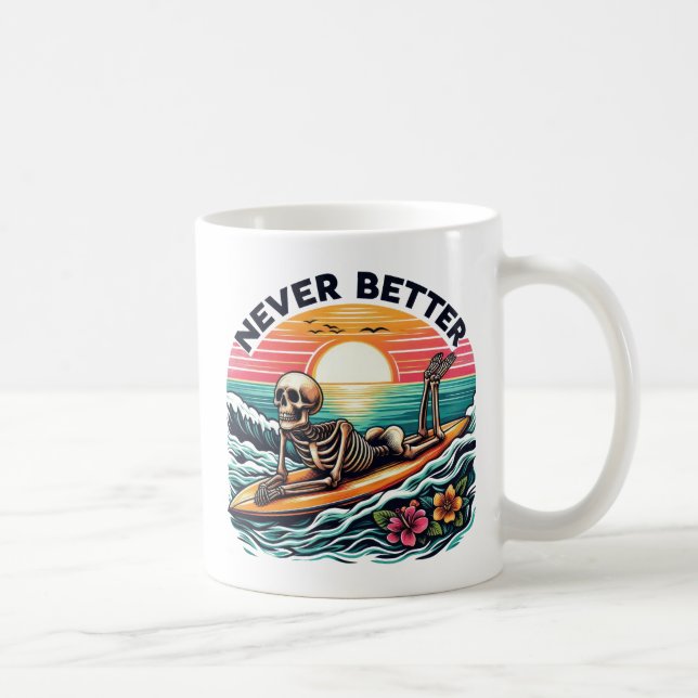 Aldrig bättre - Skeleton Surfing Sunset Wave Desig Kaffemugg (Höger)