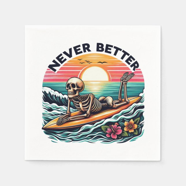 Aldrig bättre - Skeleton Surfing Sunset Wave Desig Pappersservett (Framsidan)