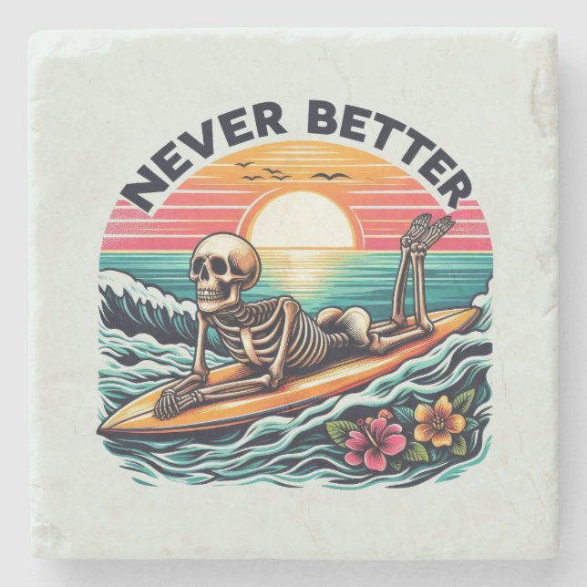 Aldrig bättre - Skeleton Surfing Sunset Wave Desig Stenunderlägg (Framsidan)
