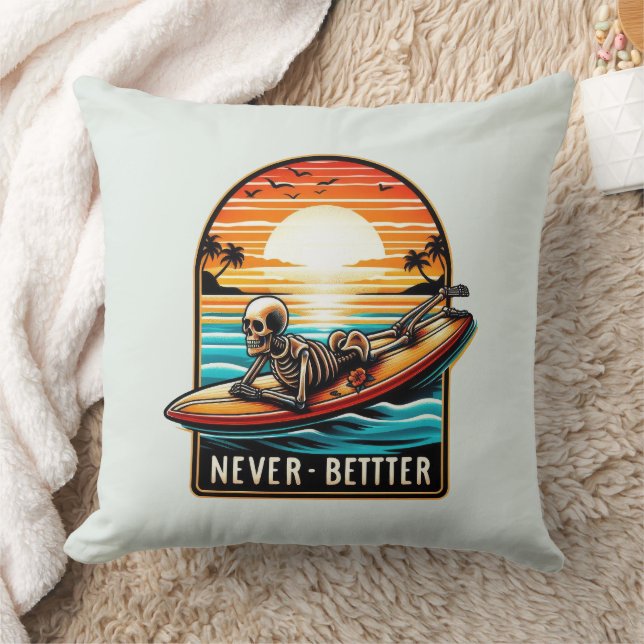 Aldrig bättre - Skeleton Surfing Sunset Wave Kudde (Filt)