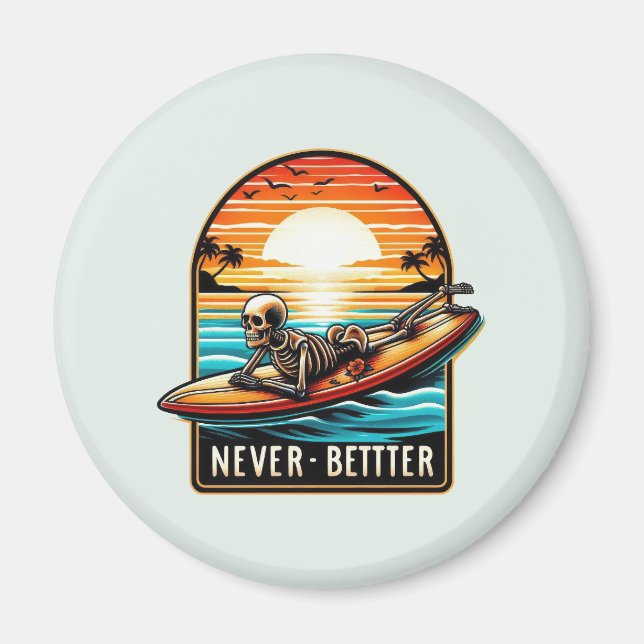 Aldrig bättre - Skeleton Surfing Sunset Wave Magnet (Framsidan)
