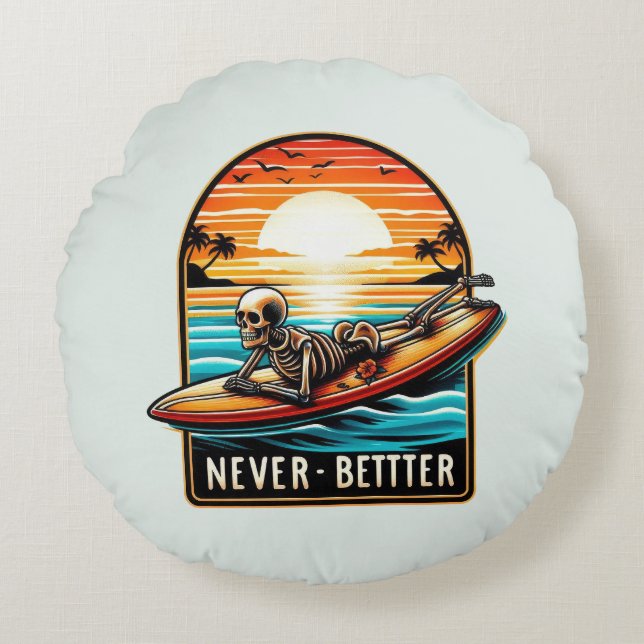 Aldrig bättre - Skeleton Surfing Sunset Wave Rund Kudde (Framsidan)