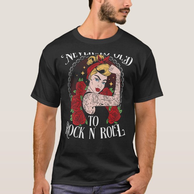 Aldrig för gammal för Sten N'Roll BACKPRINT Rockab T Shirt (Framsida)