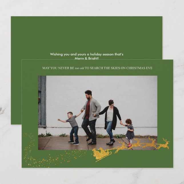 Aldrig för gammal grön falsk guldglitterfotografi julkort (Fram/baksida)