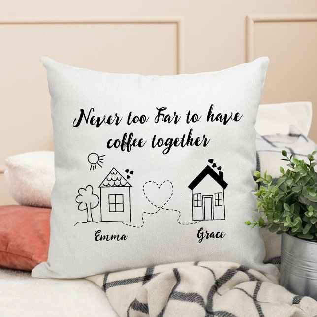 Aldrig för långt för att ha kaffe tillsammans med  kudde (Never Too Far To Have Coffee Together Bff Sister Throw Pillow)