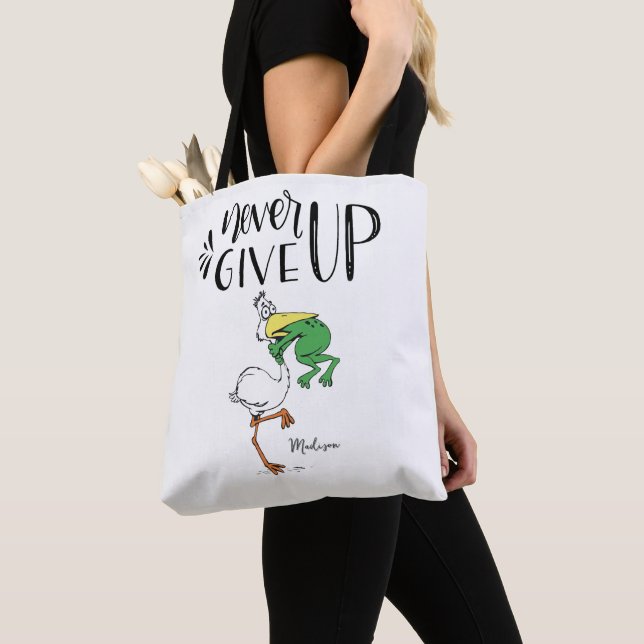 Aldrig Ge Up Frog Chog Pelican Motivational Tygkasse (Närbild)