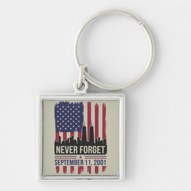 Aldrig glömma 11 september 2001 Minnesdag USA Fyrkantig Silverfärgad Nyckelring (Framsidan)