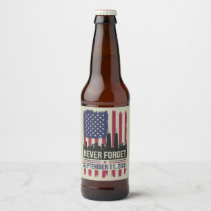Aldrig glömma 11 september 2001 Minnesdag USA Ölflaska Etikett