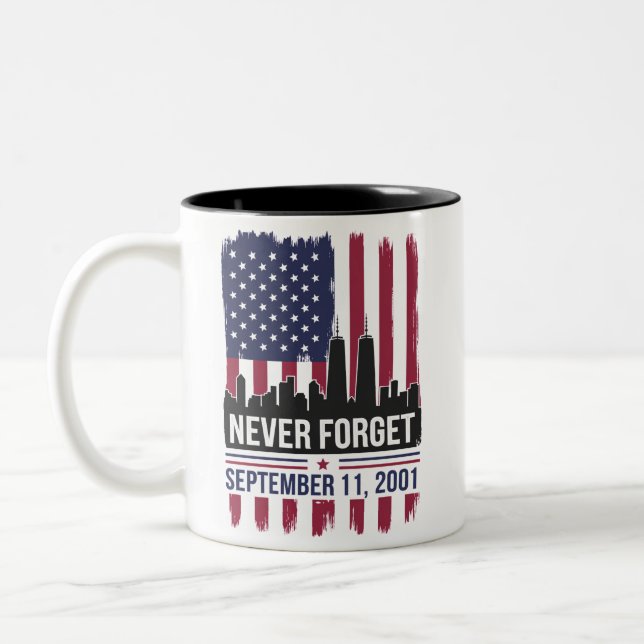 Aldrig glömma 11 september 2001 Minnesdag USA Två-Tonad Mugg (Vänster)