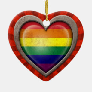 Åldrig hjärta för gay prideregnbågeflagga med julgransprydnad keramik