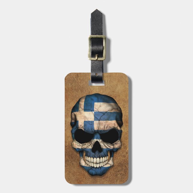 Åldrig och sliten grekisk flaggaskalle bagagebricka (Vertikal Framsida)