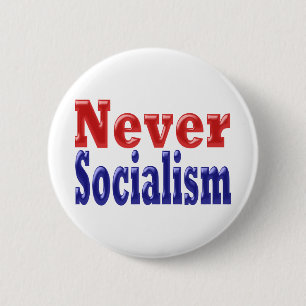 Aldrig socialism med röd blå text knapp
