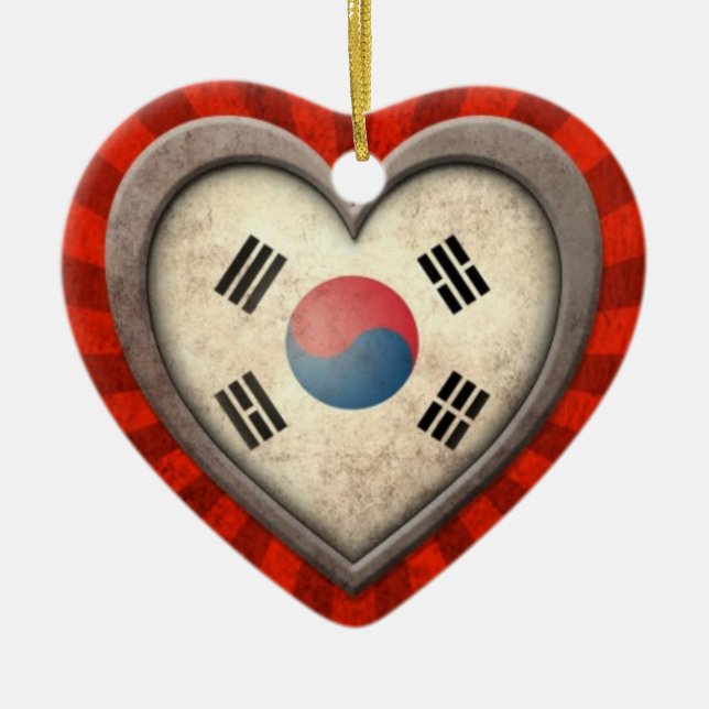 Åldrig sydkoreansk flaggahjärta med ljusa strålar julgransprydnad keramik (Framsidan)