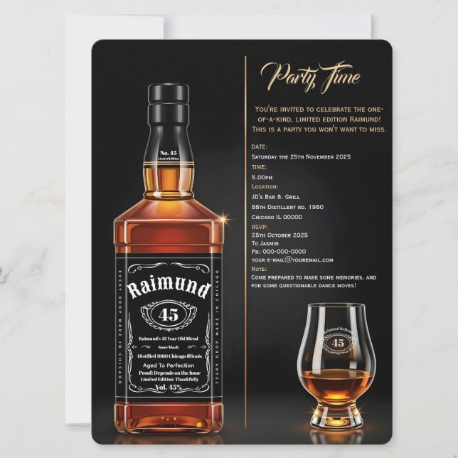 Åldrig Till Perfektion Whiskeyflaska Anpassad Föde Inbjudningar (Framsida)