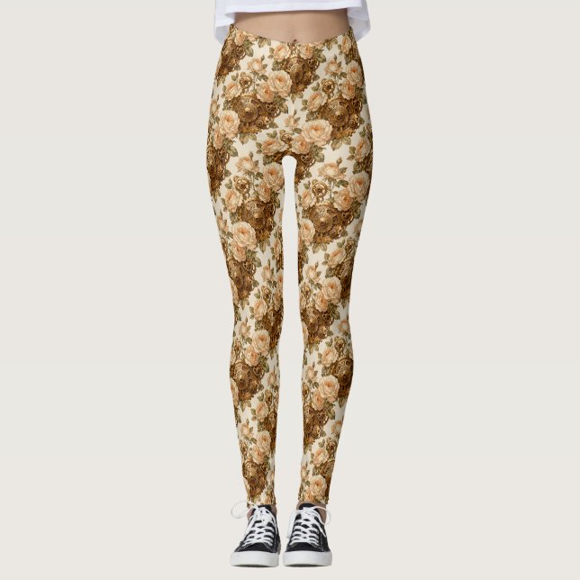 Åldriga rosor och mässingshjul Steampunk Leggings (Framsida)